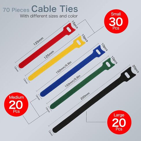 70 Pcs Cord Organizer with Hook and Loop, Multi-Purpose Cable Organizer, Adjustable Fastening Velcro Straps for Electronics, Multicoloured Velcro Cable Ties in Kuwait