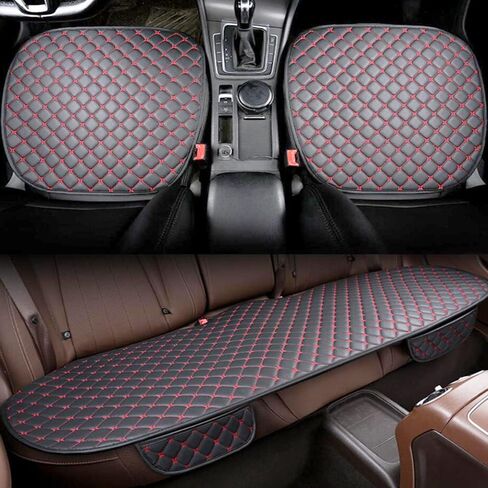 Pu Leather Car Seat Bottom Covers Protectors Include 1 Pair Front Driver Seat Pad Mat and 1 Rear Bench Cover Red Line on Black Background in Saudi Arabia
