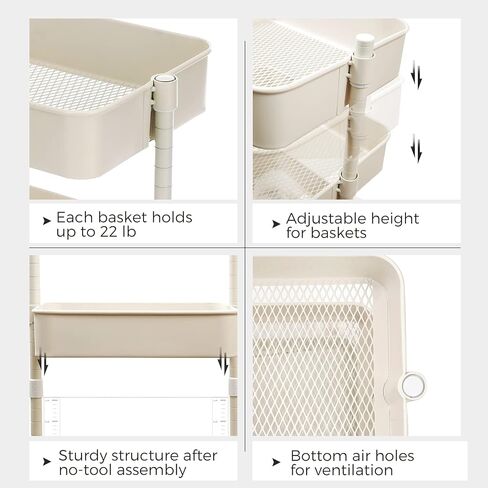 SONGMICS Rolling Cart, 3-Tier Storage Cart, Storage Trolley with Handle 2 Small Organizers, Steel Frame, Plastic Baskets, Utility Cart, Easy Assembly, for Bathroom Laundry Room, White UBSC067W01 in Kuwait