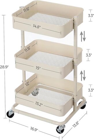 SONGMICS Rolling Cart, 3-Tier Storage Cart, Storage Trolley with Handle 2 Small Organizers, Steel Frame, Plastic Baskets, Utility Cart, Easy Assembly, for Bathroom Laundry Room, White UBSC067W01 in Kuwait