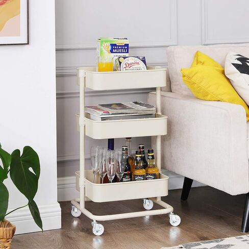 SONGMICS Rolling Cart, 3-Tier Storage Cart, Storage Trolley with Handle 2 Small Organizers, Steel Frame, Plastic Baskets, Utility Cart, Easy Assembly, for Bathroom Laundry Room, White UBSC067W01 in Kuwait