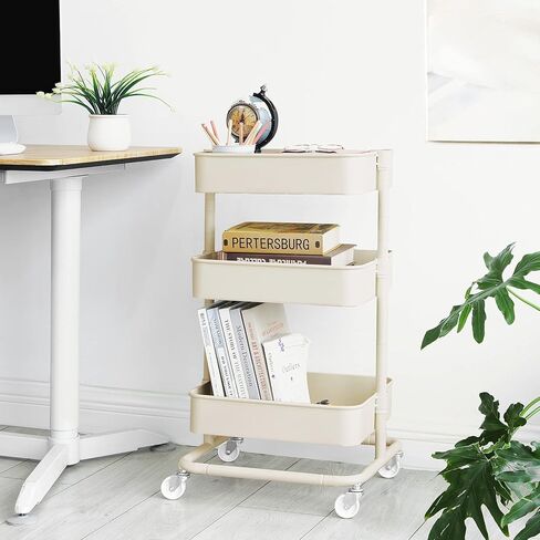 SONGMICS Rolling Cart, 3-Tier Storage Cart, Storage Trolley with Handle 2 Small Organizers, Steel Frame, Plastic Baskets, Utility Cart, Easy Assembly, for Bathroom Laundry Room, White UBSC067W01 in Kuwait
