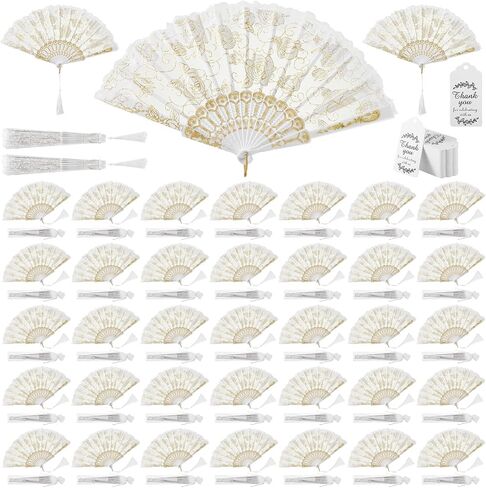 100 Pieces Lace Floral Folding Hand Fans Rose Retro Folding Fan White Hand Fans for Wedding Guests Women Foldable Handheld Bridal Dancing Props with Organza Bags Tassels Tags for Party Favors in Saudi Arabia