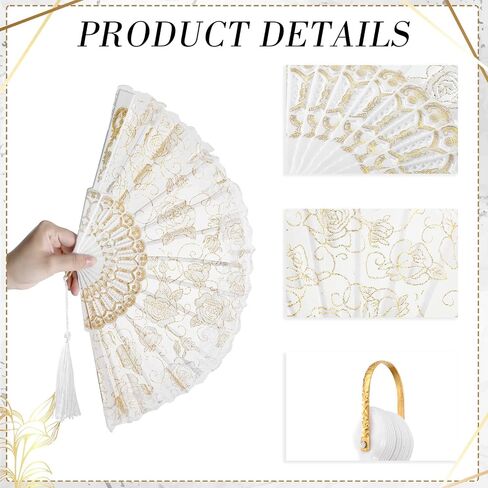 100 Pieces Lace Floral Folding Hand Fans Rose Retro Folding Fan White Hand Fans for Wedding Guests Women Foldable Handheld Bridal Dancing Props with Organza Bags Tassels Tags for Party Favors in Saudi Arabia