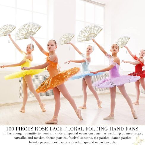 100 Pieces Lace Floral Folding Hand Fans Rose Retro Folding Fan White Hand Fans for Wedding Guests Women Foldable Handheld Bridal Dancing Props with Organza Bags Tassels Tags for Party Favors in Saudi Arabia