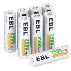 EBL 10 بطاريات AA 2500 مللي أمبير 1.2 فولت عالية الأداء مشحونة مسبقًا Ni-MH AA بطاريات قابلة للشحن