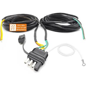 22FT 4 Pin 5 Wire Trailer Wiring Harness with Nylon Net Tube, Wishbone Trailer Light Kit 5 Wire 4 Pin Harness Trailer Connector Wire Plug Pure Copper for Rewiring Trailer Both-Side Taillights