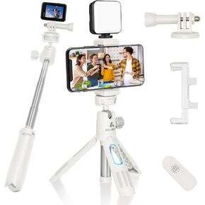 3 in 1 Telescopic Phone Tripod with Wireless Remote & Phone Holder, Mini Camera Gopro Tripod Selfie Stick with Gopro Adapter, Travel Tripod Vlogging Accessories for iPhone Canon Sony Video Recording