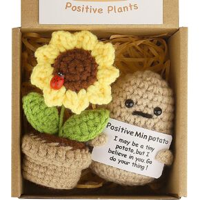Positive Mini Potato Funny Gifts, 2PCS Emotional Support Potatoes Sunflower Pot Desk Decoration Crochet Birthday Gifts for Women Mom Best Friend (Sea Turtle & Sunflower)