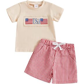 Boys 4th Of July Outfit Flag Print T-shirt Plaid Shorts in Kuwait