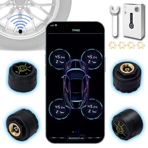 TPMS Tire Pressure Monitor System Wireless Tire Pressure Monitoring System Sensor Real-time Bluetooth Temperature Motorcycle TPMS for Cars,Bikes,Support iOS&Android,4 External TPMS Kit【2025 Upgraded】