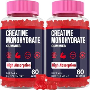 Creatine Monohydrate Gummies for Women & Men, Chewable Creatine Pre Workout Gummies for Men & Women, Taurine & B6, Creatine for Max Strength & Muscle Growth, Energy, Endurance - 2 Bottles