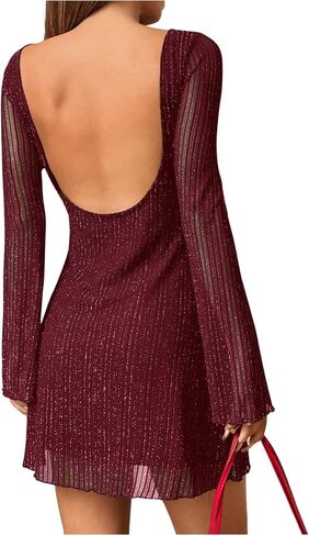 Milumia Women's Sparkly Mesh Long Sleeve Short Dress Backless Glitter Mini Dresses in Saudi Arabia