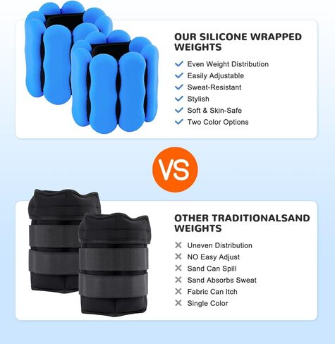 أوزان المعصم لأوزان الكاحل للنساء والرجال والأطفال، مجموعة من 2 (1-2 رطل لكل وزن) قابلة للتعديل من السيليكون لأوزان الذراع والساق بيلاتيس سوار معصم مرجح للمشي واليوجا والرقص والجيم المنزلي واللياقة البدنية in Kuwait