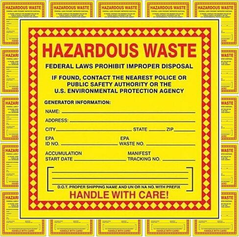 Accuform Hazardous Waste Adhesive-Poly Vinyl Label, Pack of 100, Legend "Hazardous Waste - Federal Laws PROHIBIT Improper Disposal...Handle with Care!", 6" x 6", Red/Black/Yellow, MHZW20EVC in Saudi Arabia
