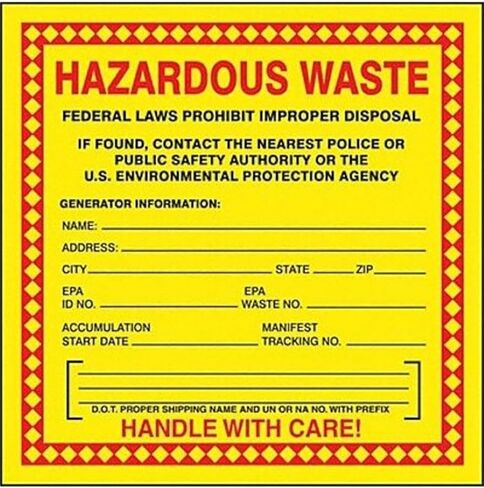Accuform Hazardous Waste Adhesive-Poly Vinyl Label, Pack of 100, Legend "Hazardous Waste - Federal Laws PROHIBIT Improper Disposal...Handle with Care!", 6" x 6", Red/Black/Yellow, MHZW20EVC in Saudi Arabia