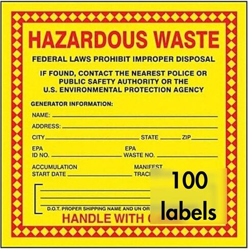 Accuform Hazardous Waste Adhesive-Poly Vinyl Label, Pack of 100, Legend "Hazardous Waste - Federal Laws PROHIBIT Improper Disposal...Handle with Care!", 6" x 6", Red/Black/Yellow, MHZW20EVC in Saudi Arabia