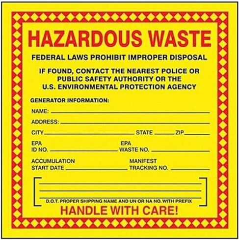 Accuform Hazardous Waste Adhesive-Poly Vinyl Label, Pack of 100, Legend "Hazardous Waste - Federal Laws PROHIBIT Improper Disposal...Handle with Care!", 6" x 6", Red/Black/Yellow, MHZW20EVC in Saudi Arabia