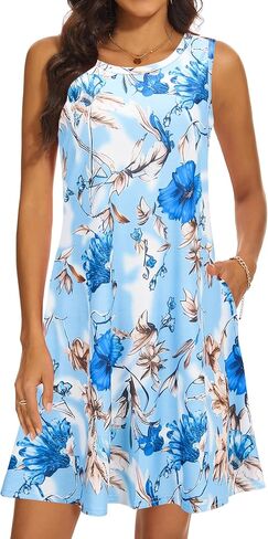 فساتين الصيف للنساء 2024 فساتين الشمس غير الرسمية للشاطئ بدون أكمام، فستان متأرجح مع جيوب in Kuwait