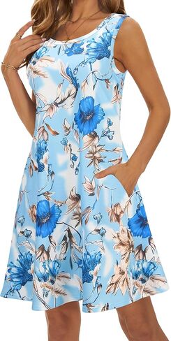 فساتين الصيف للنساء 2024 فساتين الشمس غير الرسمية للشاطئ بدون أكمام، فستان متأرجح مع جيوب in Kuwait