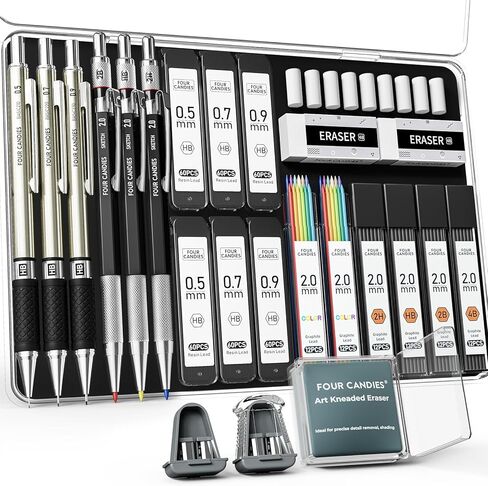 FourCandies 25PCS Art Mechanical Pencil Set with Case, 3PCS Metal Artist Lead Pencil 0.5, 0.7, 0.9 mm & 3PCS 2mm Lead Holder(HB 2H 2B 4B Color) with 432PCS Graphite Lead Refills for Drawing Sketching in Kuwait