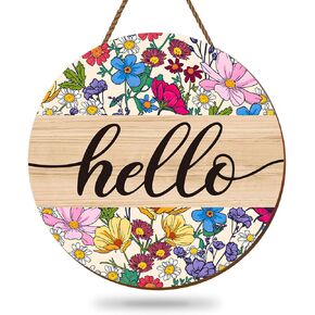 Whaline Vintage Hello Front Door Sign Boho Flower Welcome Wall Door Sign Colorful Floral Wooden Hanging Sign for Spring Summer Holiday Indoor Outdoor Farmhouse Home Porch Window Decor