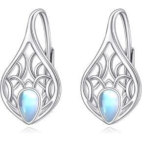 Celtic Moonstone/Turquoise Earrings for Women Sterling Silver Leverback Dangle Earrings Moonstone Hoop Earrings Celtic Earrings Irish Jewelry Gifts for Girls