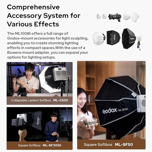 GODOX ML60II Bi 70W Video Light Bi-Color Photography Light 2800K-6500K Dimmable with GODOX Mount COB Bead 2.4G Wireless System Support APP Control with Standar Reflector for Photography in Kuwait