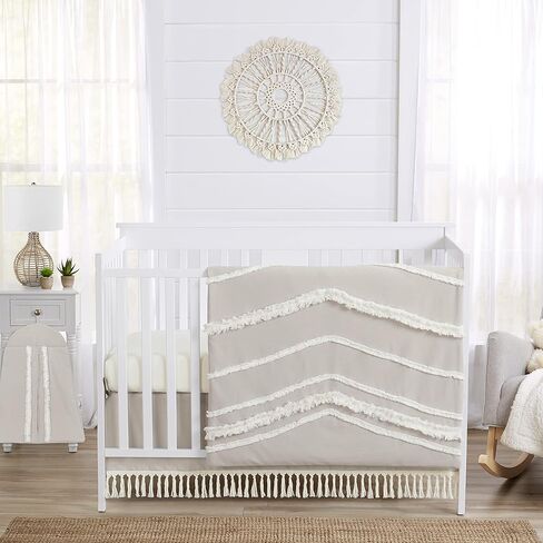 Sweet Jojo Designs Boho Bohemian Baby Boy Girl Nursery Crib Bedding Set - 4 Pieces - Grey White Farmhouse Shabby Chic Designer Modern Minimalist Gray Tuft Tufted Tassel Fringe Macrame Cotton Neutral in Saudi Arabia