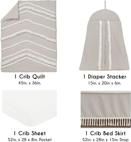 Sweet Jojo Designs Boho Bohemian Baby Boy Girl Nursery Crib Bedding Set - 4 Pieces - Grey White Farmhouse Shabby Chic Designer Modern Minimalist Gray Tuft Tufted Tassel Fringe Macrame Cotton Neutral in Saudi Arabia