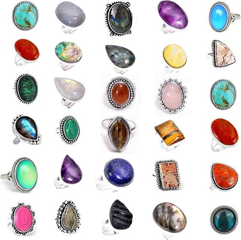 Stackable Gemstone Silver Ring Set for Women – 10 Pcs Silver Plated Handmade Vintage Gothic Statement Rings – Fashion Jewelry for Women in Saudi Arabia