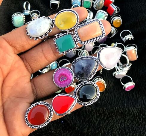 Stackable Gemstone Silver Ring Set for Women – 10 Pcs Silver Plated Handmade Vintage Gothic Statement Rings – Fashion Jewelry for Women in Saudi Arabia