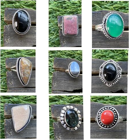 Stackable Gemstone Silver Ring Set for Women – 10 Pcs Silver Plated Handmade Vintage Gothic Statement Rings – Fashion Jewelry for Women in Saudi Arabia