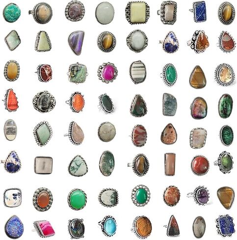 Stackable Gemstone Silver Ring Set for Women – 10 Pcs Silver Plated Handmade Vintage Gothic Statement Rings – Fashion Jewelry for Women in Saudi Arabia