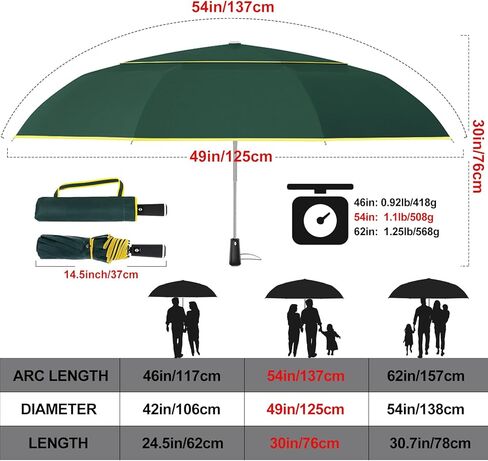 مظلة غولف كبيرة جدًا من ساتول مقاس 62 بوصة - مقاومة للرياح و10 أضلاع مزودة بفتحات تهوية مزدوجة وشرائط عاكسة للضوء تفتح/تغلق تلقائيًا للحماية من الأشعة فوق البنفسجية خفيفة الوزن وصغيرة الحجم للاستخدام في الهواء الطلق والسفر (أخضر داكن) in Kuwait