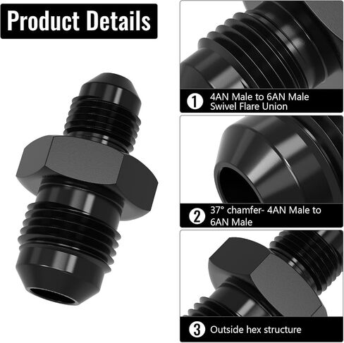 3AN Male to 4AN Male Swivel Flare Union Fitting Adapter, Black Straight Hard Aluminum Hex Anodized Connector, Automotive Accessories Suitable for Vehicle Fuel Oil Line Modification in Saudi Arabia