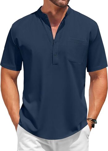 COOFANDY Mens Short Sleeve Henley Casual Shirt Summer Shirts Beach Shirts Banded Collar Shirt Tshirts Shirts with Pocket in Saudi Arabia