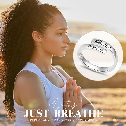 خاتم Just Breathe Hope للنساء، خاتم من الفضة الإسترليني عيار 925 قابل للتعديل على شكل زهرة اللوتس مجوهرات ملهمة هدية تشجيعية in Kuwait