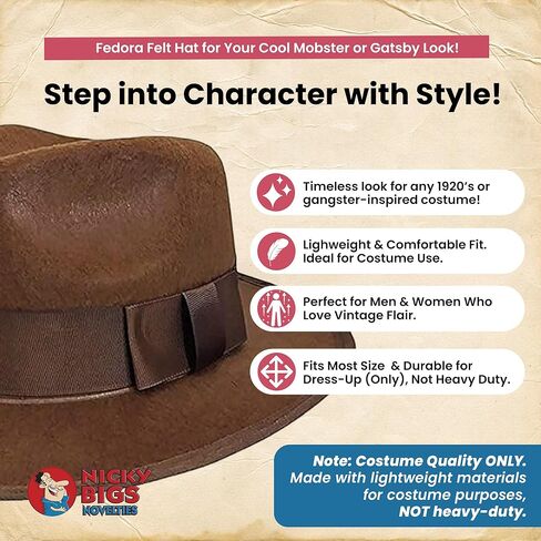 Adult Brown Adventurer Fedora Hat Mobster Felt Panama Gatsby Costume Accessory in Kuwait