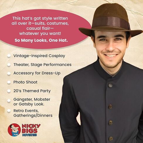 Adult Brown Adventurer Fedora Hat Mobster Felt Panama Gatsby Costume Accessory in Kuwait