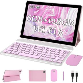 Tablet With Keyboard 2 in 1 Tablet Android Tablet 10 Inch Tablets, Include Mouse Case Stylus Tempered Film 5G Wifi Wifi6 128GB ROM+6GB RAM 10 IN IPS 8MP Camera 6000mAh Battery 10.1" FHD Android 11 Tab