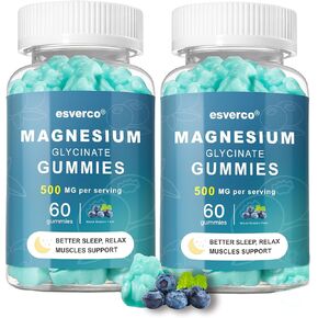 Magnesium Glycinate Gummies 500mg Sleep for Men & Women Vitamin C, Promotes Relaxation, Muscle, Nerve Support, Chewable Magnesium, No Melatonin, Non GMO, Natural Blueberry Flavor, 60 Count