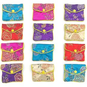 Bestac 12 Pcs Jewelry Silk Purse Pouch Chinese Brocade Embroidered Bags, Multiple Colors, Coin Container Pocket (Medium)