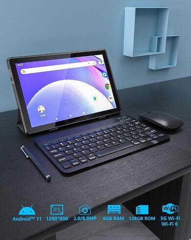 Tablet With Keyboard 2 in 1 Tablet Android Tablet 10 Inch Tablets, Include Mouse Case Stylus Tempered Film 5G Wifi Wifi6 128GB ROM+6GB RAM 10 IN IPS 8MP Camera 6000mAh Battery 10.1" FHD Android 11 Tab in Saudi Arabia