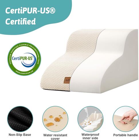 قبلة مريحة عالية الكثافة رغوة سلالم الكلاب منحدر للكلاب والقطط 4 طبقات سلالم الحيوانات الأليفة منحدر خطوة للأسرة الأثاث دائم عدم الانزلاق الكلب منحدر للسرير مع غطاء قماش مقاوم للماء بني فاتح (أربع خطوات) in Kuwait