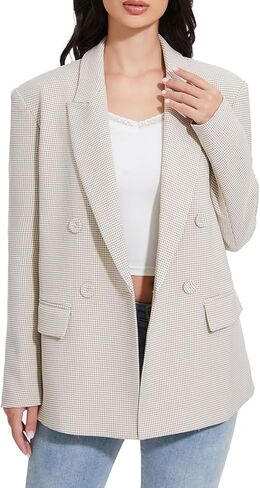 Women's Oversized Houndstooth Blazer - Double-Breasted Plaid Suit Jacket with Pockets Business Blazer Work Outfits in Saudi Arabia