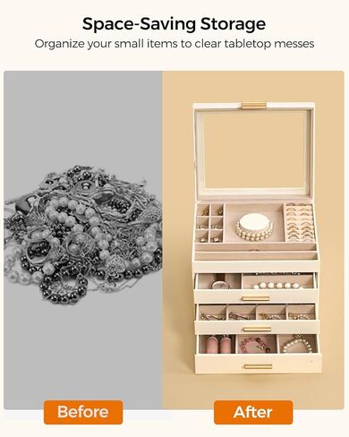 Jewelry Box for Women, Glass Lid Jewelry Organizer Box with 3 Drawers for Earrings Necklaces Rings Bracelets, Modern Style, Jewelry Storage, Birthday Christmas Gifts for Women, Cloud White in Saudi Arabia