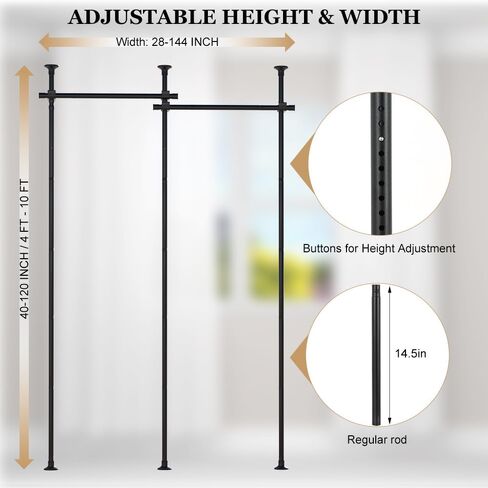 قضيب ستارة مقسم للغرفة من KELIXU، قضبان شد بدون حفر لفصل الغرفة، عرض 28-73.8 بوصة × ارتفاع 4-10 أقدام من الأرض إلى السقف، حامل شد عمودي شديد التحمل، سهل التركيب، أسود in Kuwait