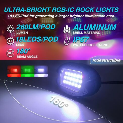 12Pods Dream Color RGB+IC LED Rock Lights, Underglow Lights kit with APP/RF Remote Control Chasing Effect, Multicolor addressable Rock Light kit Waterproof 12v for Jeep Truck SUV ATV UTV in Saudi Arabia