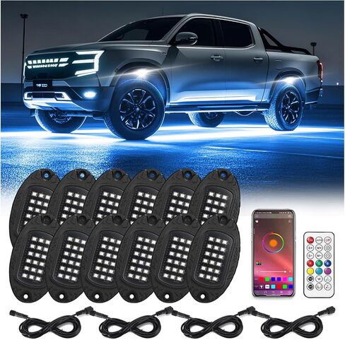 12Pods Dream Color RGB+IC LED Rock Lights, Underglow Lights kit with APP/RF Remote Control Chasing Effect, Multicolor addressable Rock Light kit Waterproof 12v for Jeep Truck SUV ATV UTV in Saudi Arabia